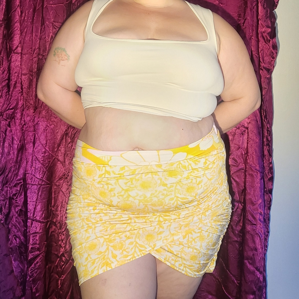 yellow wrap body con skirt